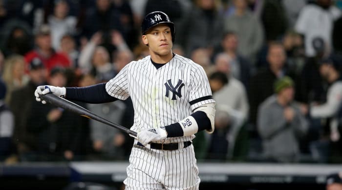 Oct 17, 2019; Bronx, NY, USA; New York Yankees right fielder Aaron Judge (99) reacts after striking out in the sixth inning against the Houston Astros in game four of the 2019 ALCS playoff baseball series at Yankee Stadium. Mandatory Credit: Brad Penner-USA TODAY Sports